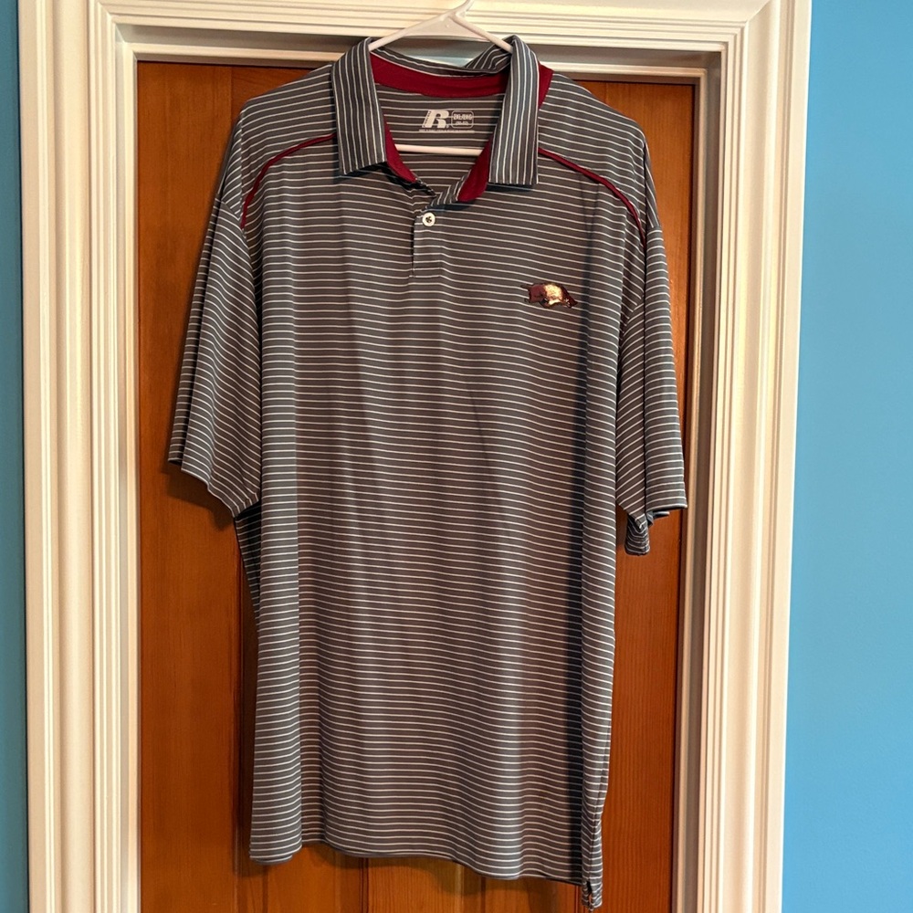 Russell Athletic Gray and Red Striped Polo Shirt